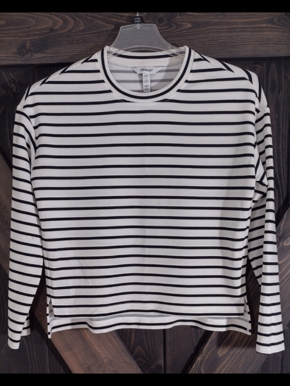 SPANX Black & White Striped Long Sleeve Crew Top Size Medium